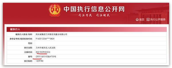 陽(yáng)光城集團(tuán)蘭州梨花島置業(yè)被列為被執(zhí)行人，執(zhí)行標(biāo)的約121萬(wàn)元